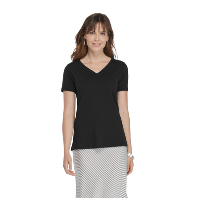 Delta Platinum Ladies Slub Short Sleeve V-Neck Tee For Girls -Black