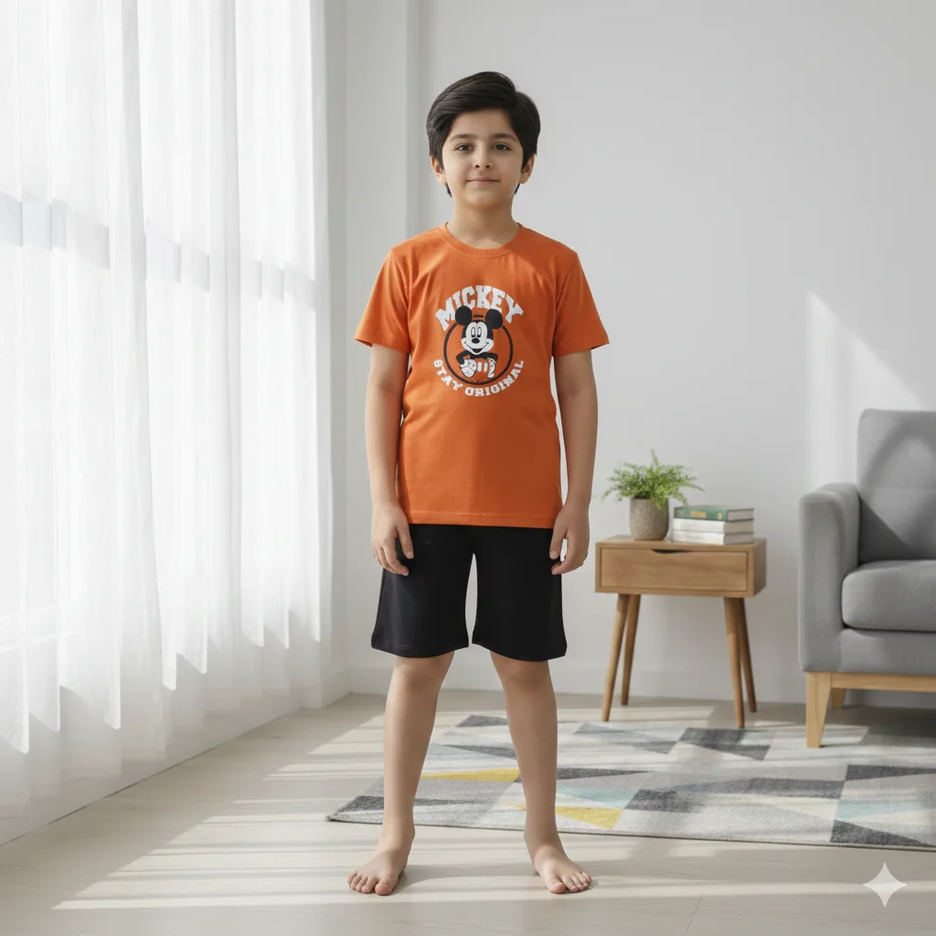 Kids – Brown Mickey Printed Cotton Shorts and Tee Shirts For Boys