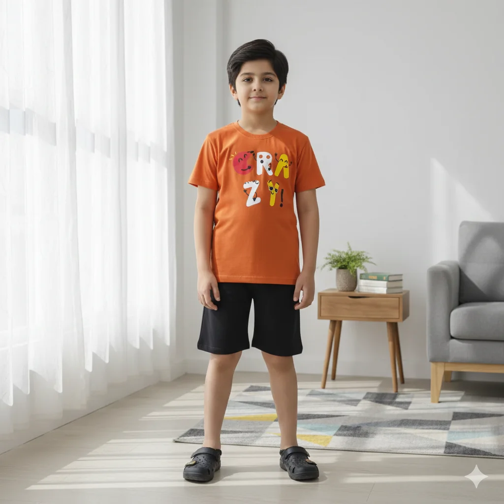 Kids – Brown Crazy Printed Cotton Shorts and Tee Shirts For Boys