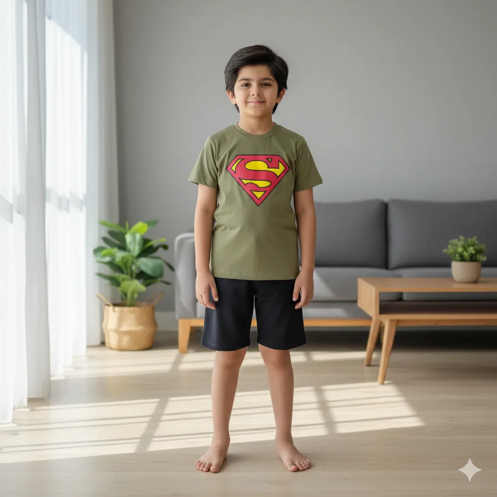 Kids – Green Superman Printed Cotton Shorts and Tee Shirts For Boys