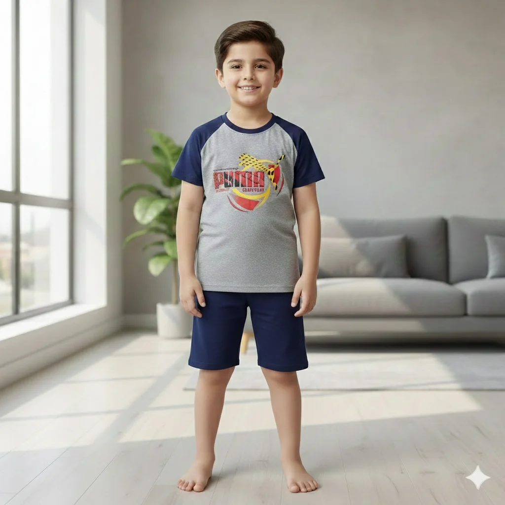 Kids –Grey Blue Puma Print Tracksuit Nikar Shirt For Boys