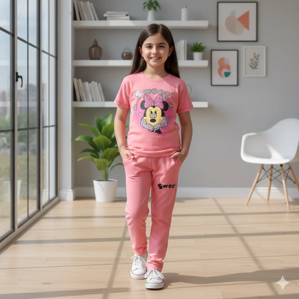 Kids – Pink Miki Glitter Cartoon Print Tracksuit For Kids