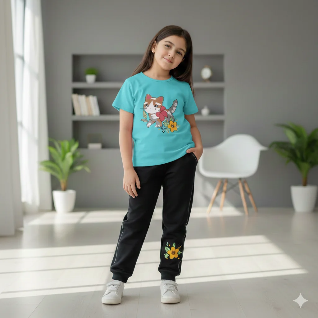 Kids – Blue Cat Shirt, Trouser Track Suite For Girl