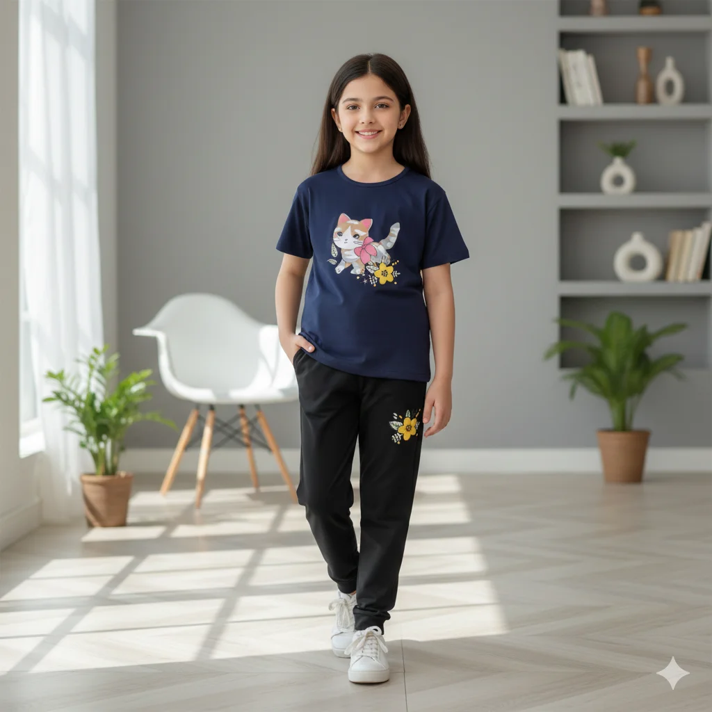Kids – Navy Blue Cat Shirt, Trouser Track Suite For Girls