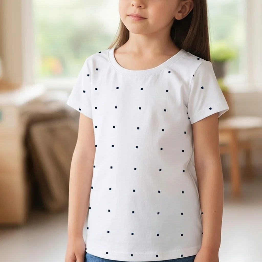 Kids 100% Cotton Jersey White Dotted Tee Shirt