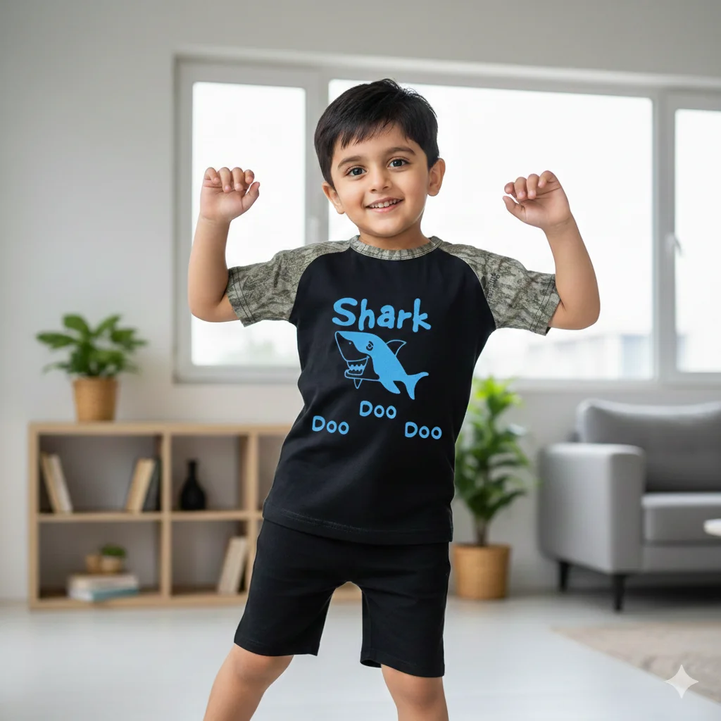 Kids Black Color Shark T shirt for boys - 100% Cotton